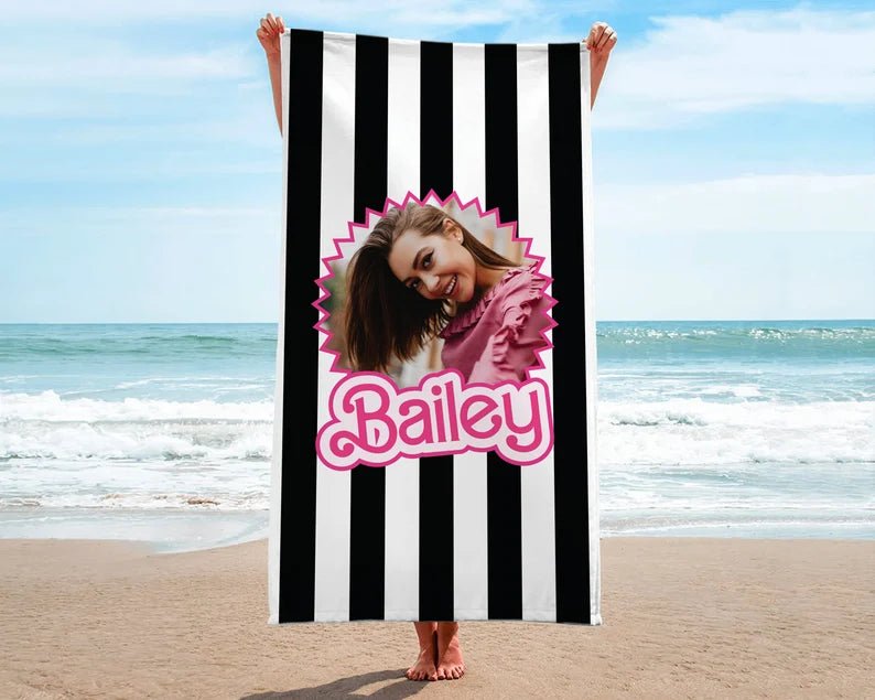 Let's Go Party, Pink Stripe Custom Photo Beach Towel, Personalized Picture Pool Towel, Kids Beach Towel, Bridesmaids/Birthday Gifts 95337216 - DiyGiftly