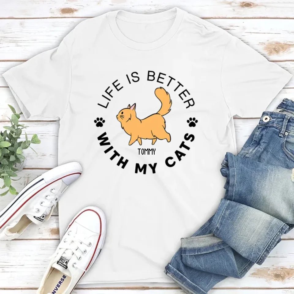 Life Is Better Walking Cat - Personalized Custom Unisex T-shirt 664696 - DiyGiftly