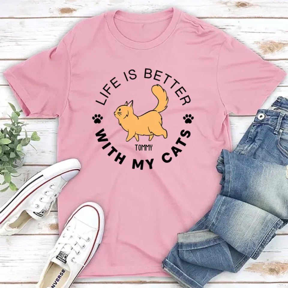 Life Is Better Walking Cat - Personalized Custom Unisex T-shirt 664696 - DiyGiftly
