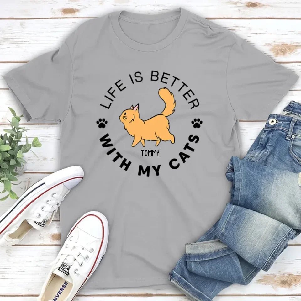 Life Is Better Walking Cat - Personalized Custom Unisex T-shirt 664696 - DiyGiftly