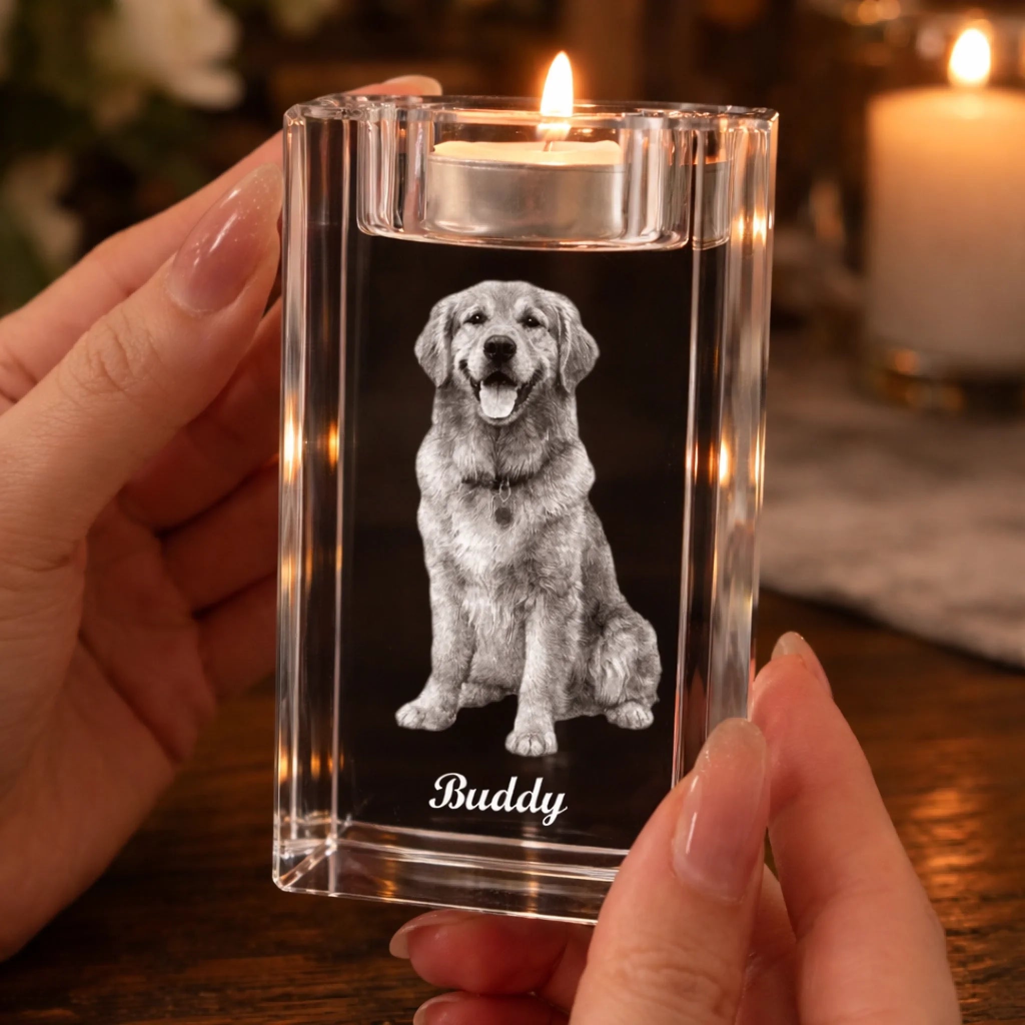 Crystal Light Their Memory Crystal Candle Holder Personalized Dog Memorial Crystal 3D Laser Engraved Photo Keepsake