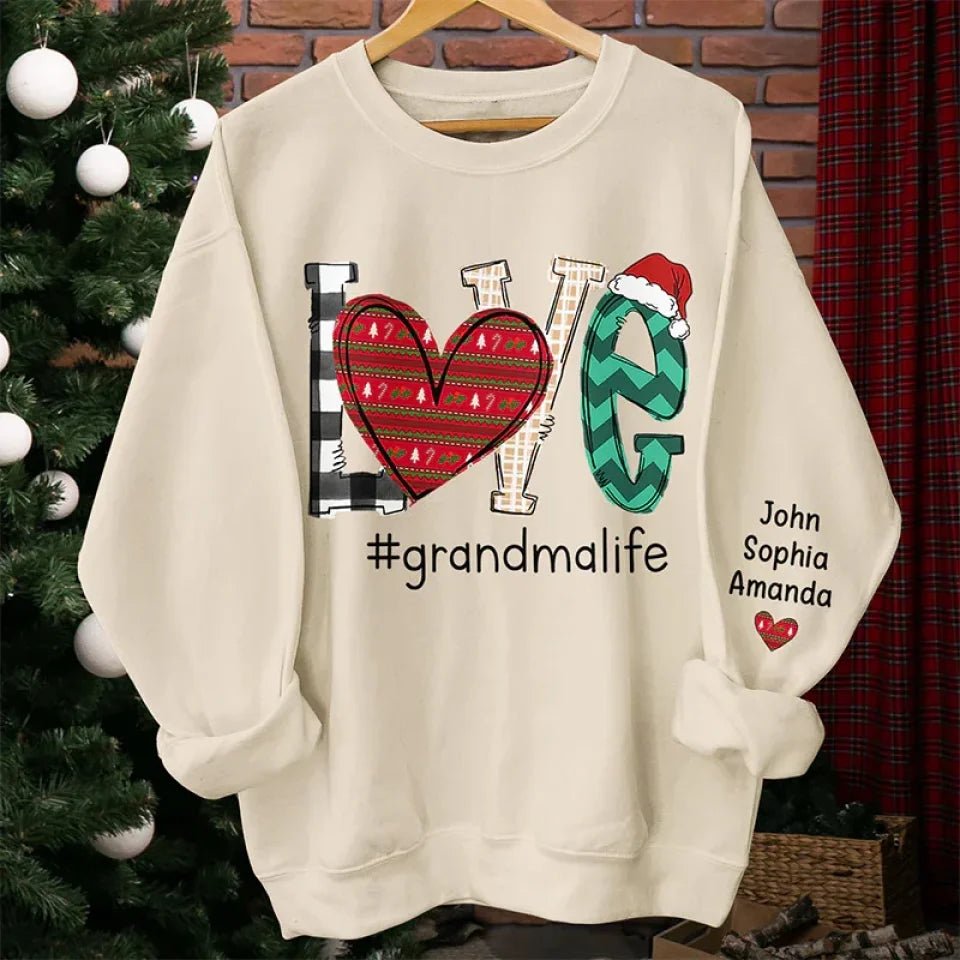 Personalized family names unisex sweatshirt sleeve print cozy fit christmas gift for grandparents