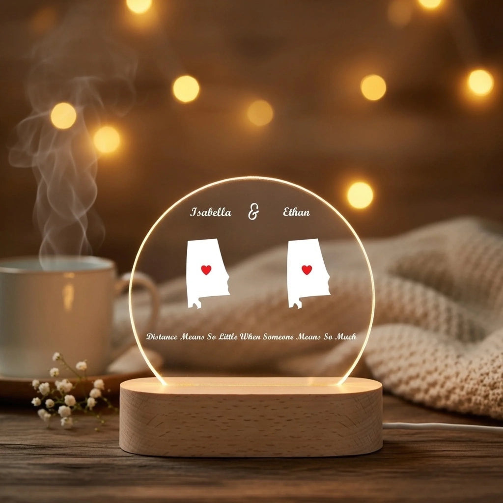 “Miles Apart, But Close at Heart” – Custom 2 State Map Night Light – Personalized Acrylic LED Lamp for Long Distance Couples, Family or Friends Gift 1140930 - DiyGiftly