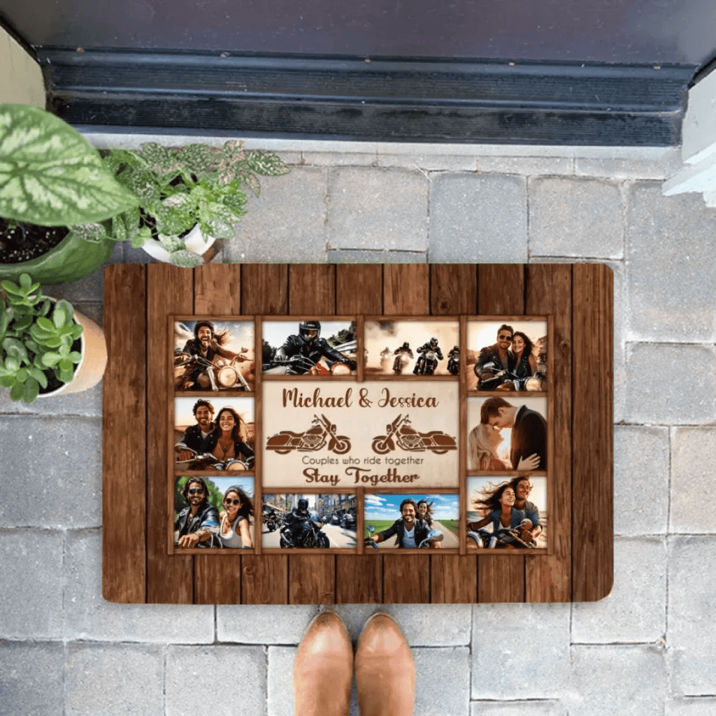 Motorcycle Name Sign, Personalized Couple Photo Collage Doormat - Gift for Biker Couple 747794 - D - DiyGiftly