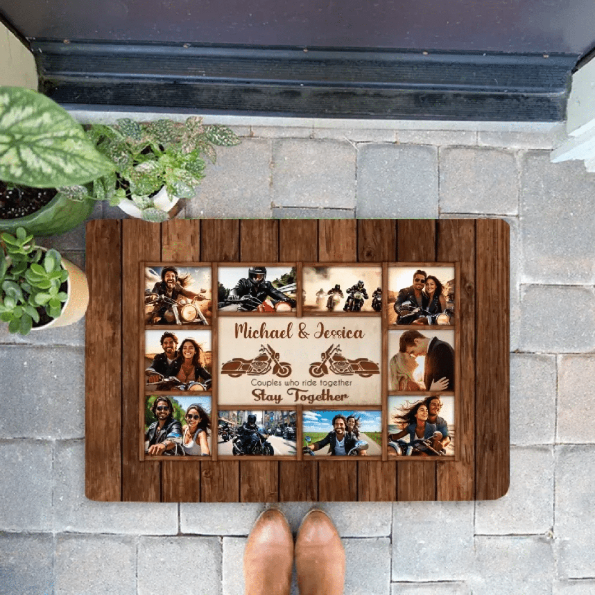 Motorcycle Name Sign, Personalized Couple Photo Collage Doormat - Gift for Biker Couple 747794 - D - DiyGiftly