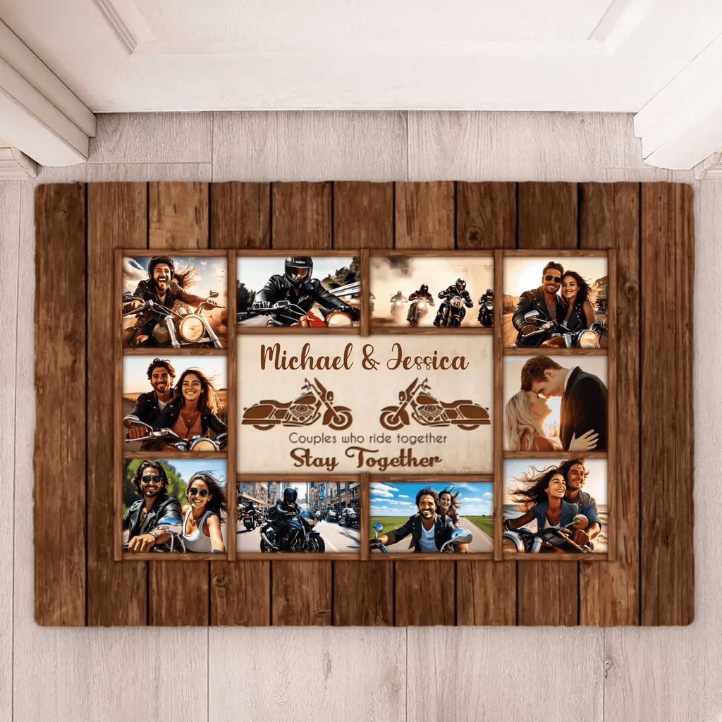 Motorcycle Name Sign, Personalized Couple Photo Collage Doormat - Gift for Biker Couple 747794 - D - DiyGiftly