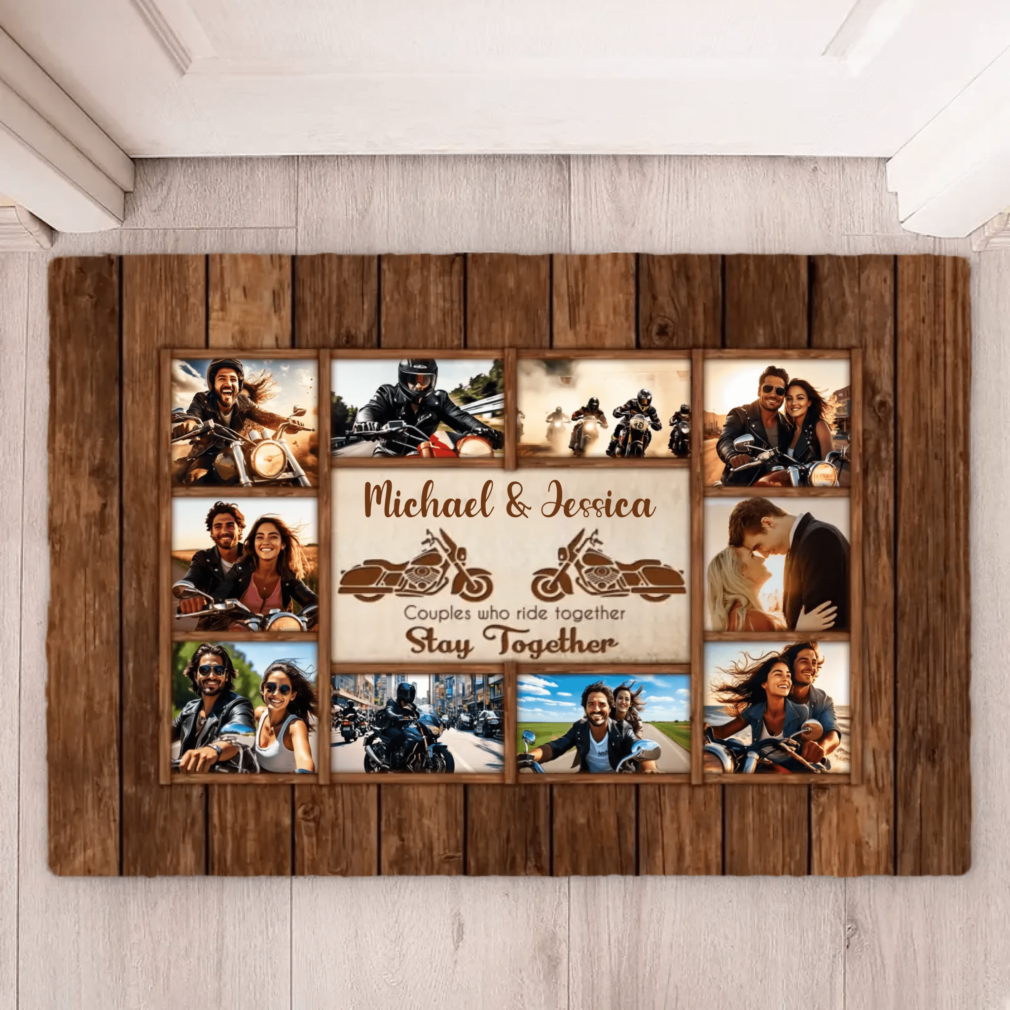 Motorcycle Name Sign, Personalized Couple Photo Collage Doormat - Gift for Biker Couple 747794 - D - DiyGiftly