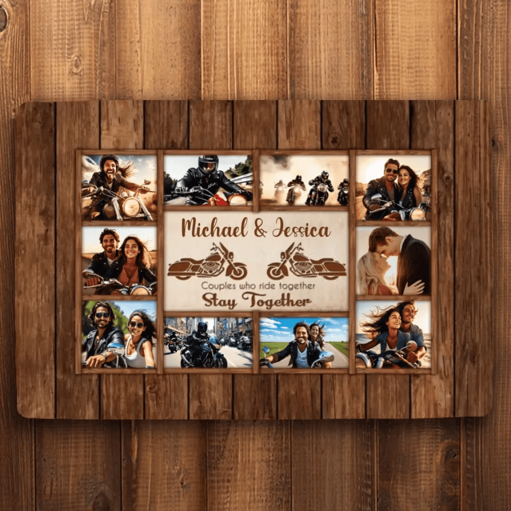 Motorcycle Name Sign, Personalized Couple Photo Collage Doormat - Gift for Biker Couple 747794 - D - DiyGiftly