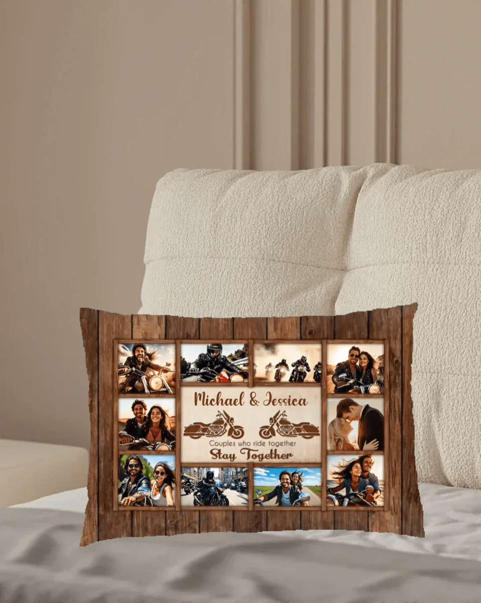 Motorcycle Name Sign, Personalized Couple Photo Collage Pillow - Gift for Biker Couple 747794 - B - DiyGiftly