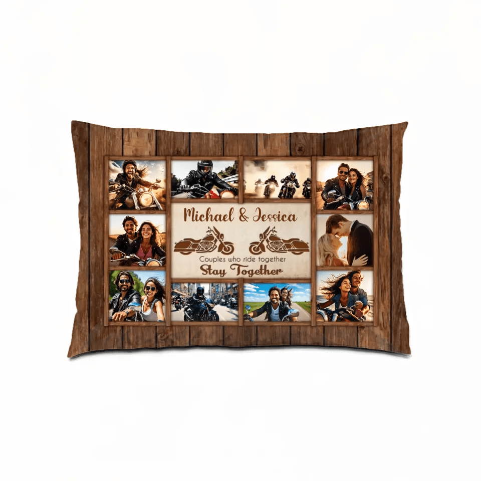 Motorcycle Name Sign, Personalized Couple Photo Collage Pillow - Gift for Biker Couple 747794 - B - DiyGiftly