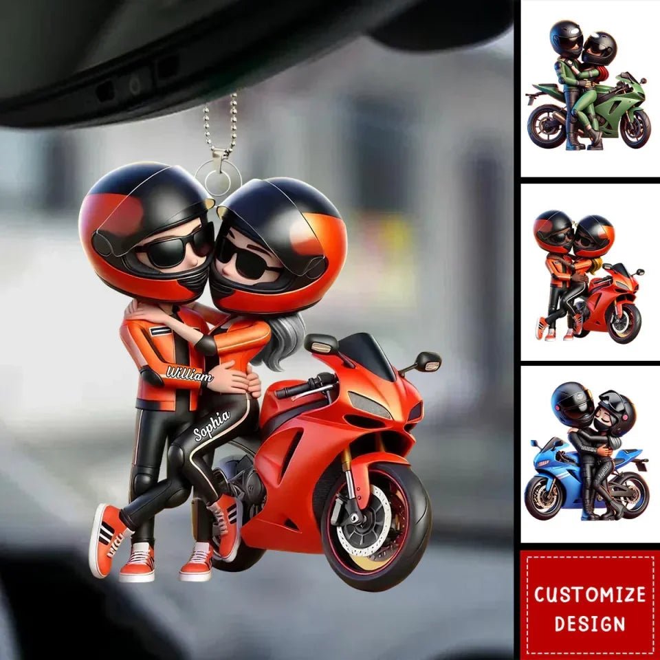 Motorcycle Pretty Cartoon Couple - Personalized Acrylic Car Ornament - Gift For Him, For Biker Couple 746758 - DiyGiftly