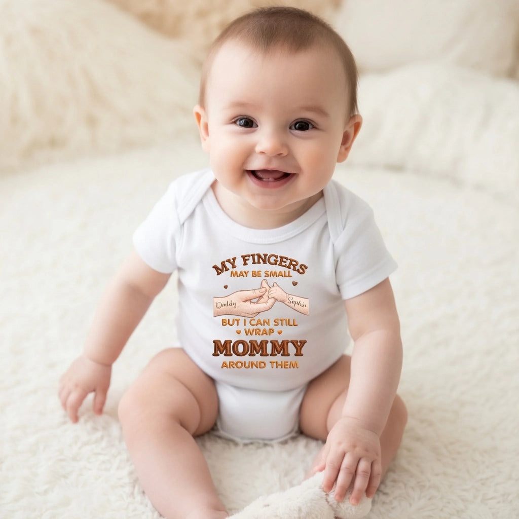 "My Fingers May Be Small But I Can Still Wrap Mommy Around Them" - Personalized Baby Onesie with Daddy & Sophia Hand Design, Custom Name Baby Shower Gift for New Moms, New Dads & New Parents 1156634 - DiyGiftly