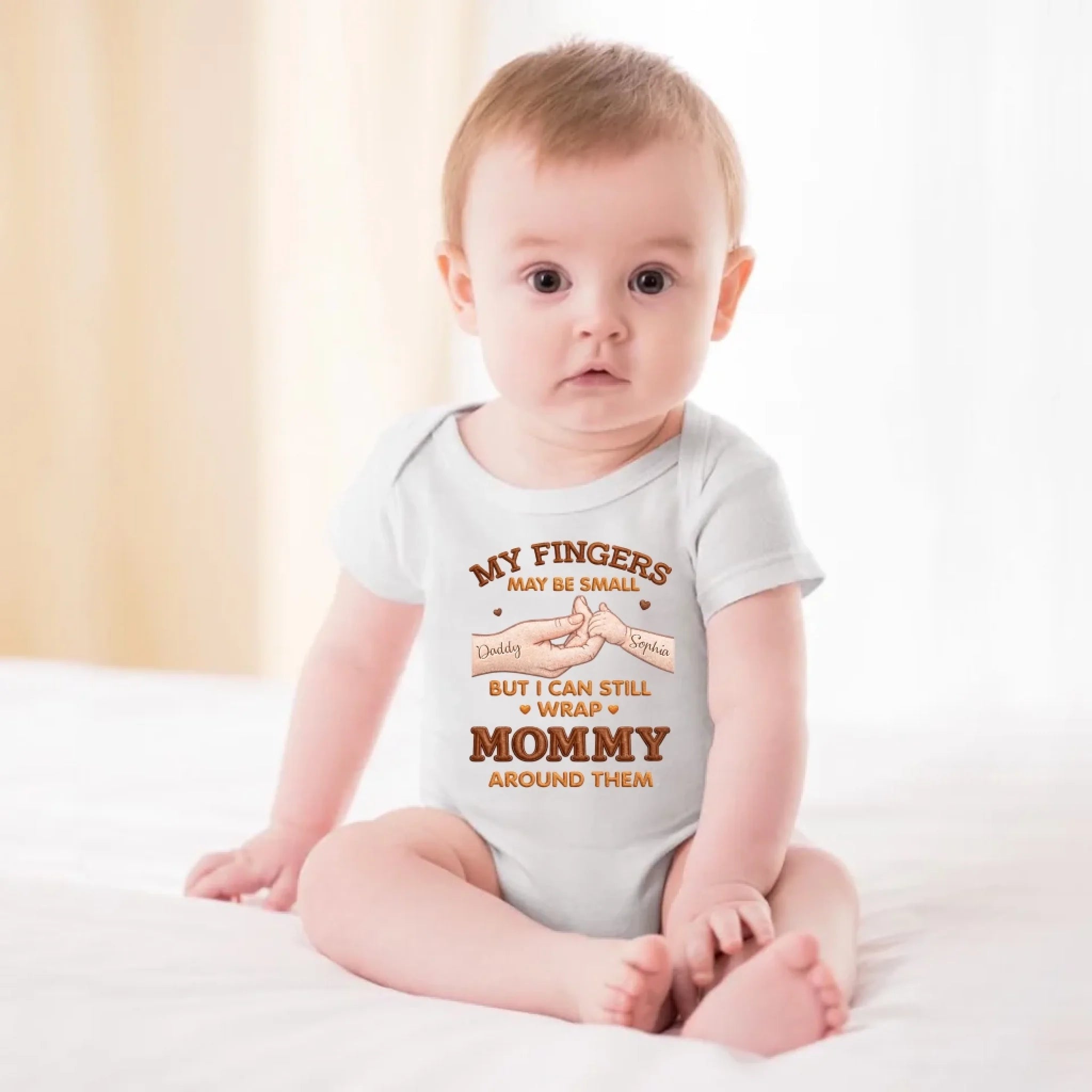 "My Fingers May Be Small But I Can Still Wrap Mommy Around Them" - Personalized Baby Onesie with Daddy & Sophia Hand Design, Custom Name Baby Shower Gift for New Moms, New Dads & New Parents 1156634 - DiyGiftly