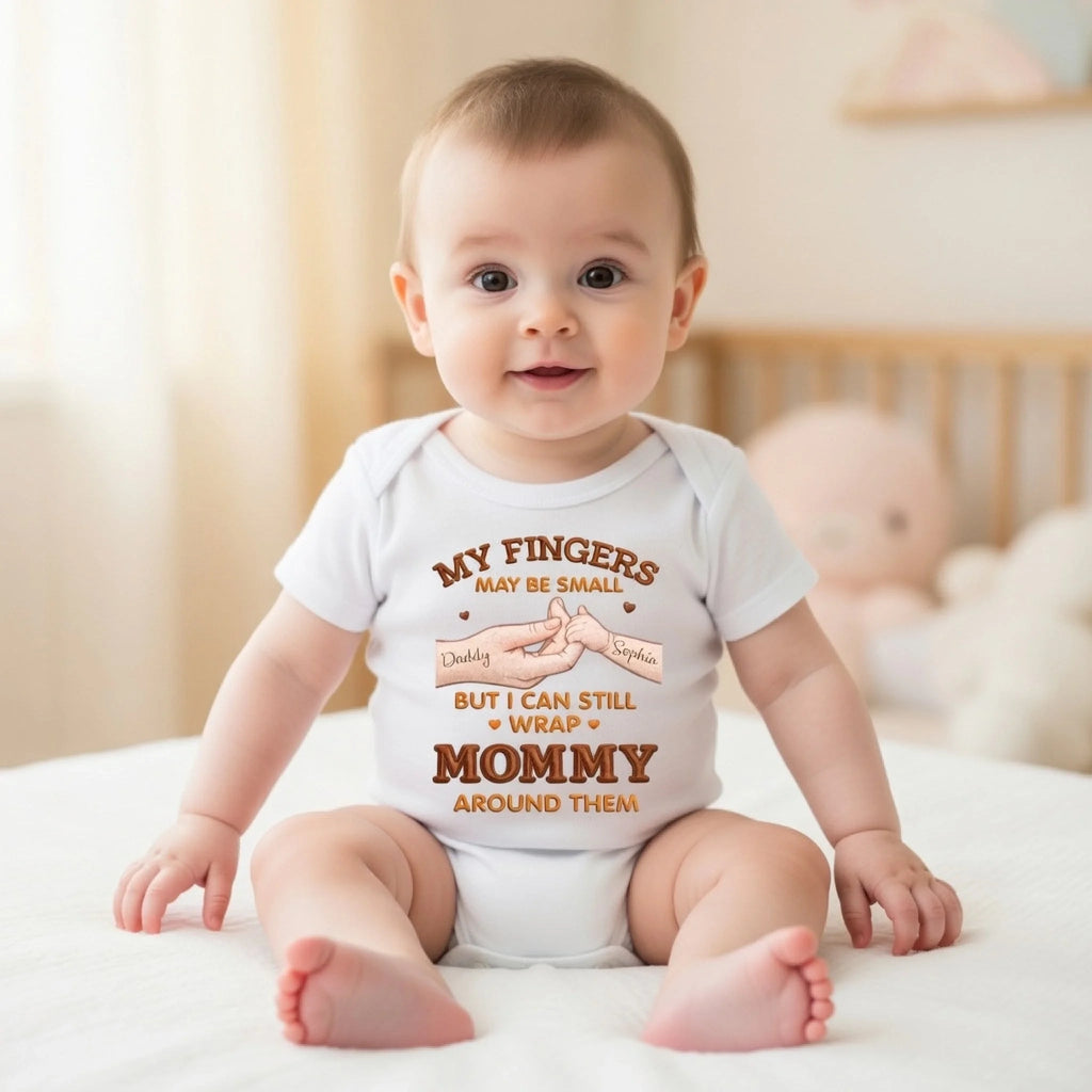 "My Fingers May Be Small But I Can Still Wrap Mommy Around Them" - Personalized Baby Onesie with Daddy & Sophia Hand Design, Custom Name Baby Shower Gift for New Moms, New Dads & New Parents 1156634 - DiyGiftly