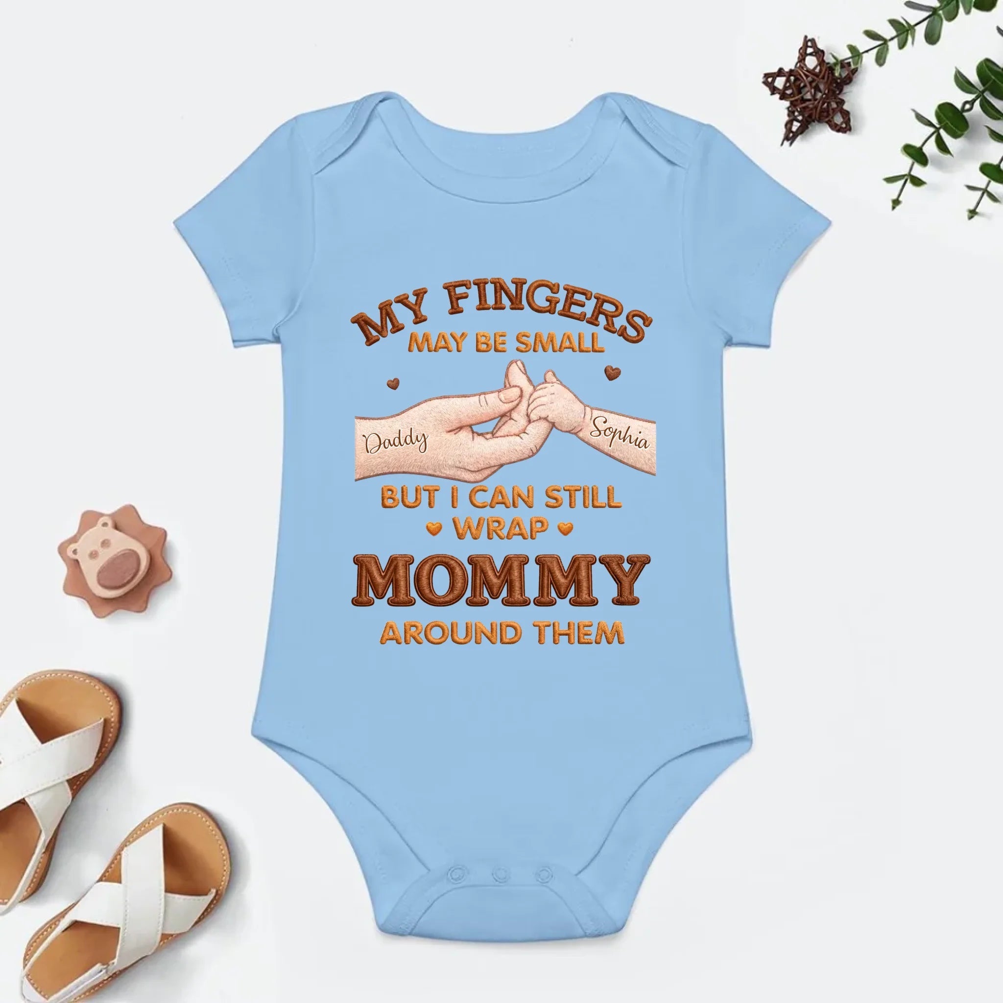 "My Fingers May Be Small But I Can Still Wrap Mommy Around Them" - Personalized Baby Onesie with Daddy & Sophia Hand Design, Custom Name Baby Shower Gift for New Moms, New Dads & New Parents 1156634 - DiyGiftly