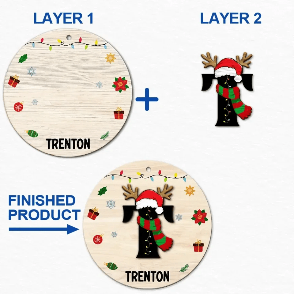 Name Monogram Christmas Family - Personalized 2 - Layered Wooden Ornament 684754 - DiyGiftly