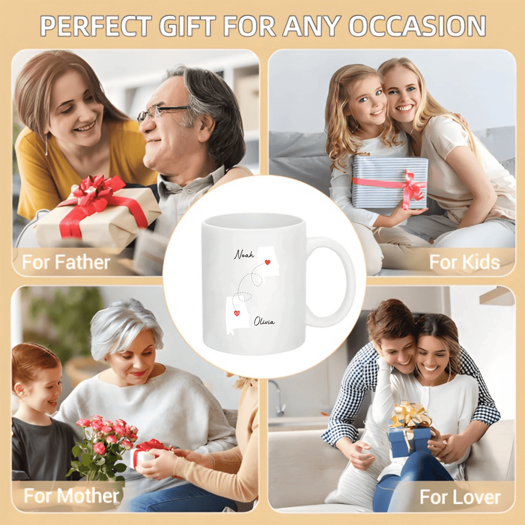 “Never Too Far to Have Coffee Together” – Personalized Name & State Mug – Long Distance Best Friend Gift – Custom Coffee Cup for Women Friendship Keepsake 1141737 - DiyGiftly