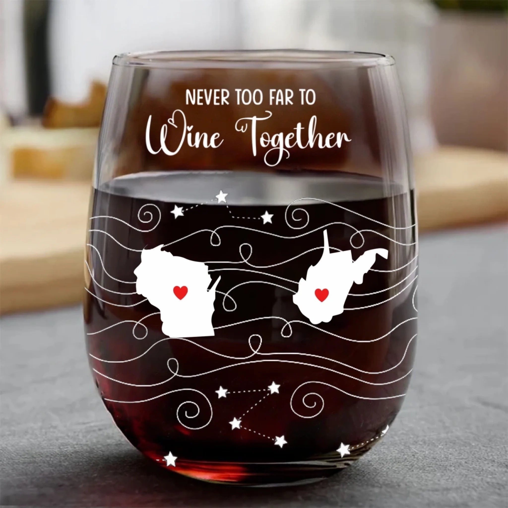 Multi State Stemless Wine Glass with Personalized Long Distance Drinkware Stemless Wine Glass 15OZ