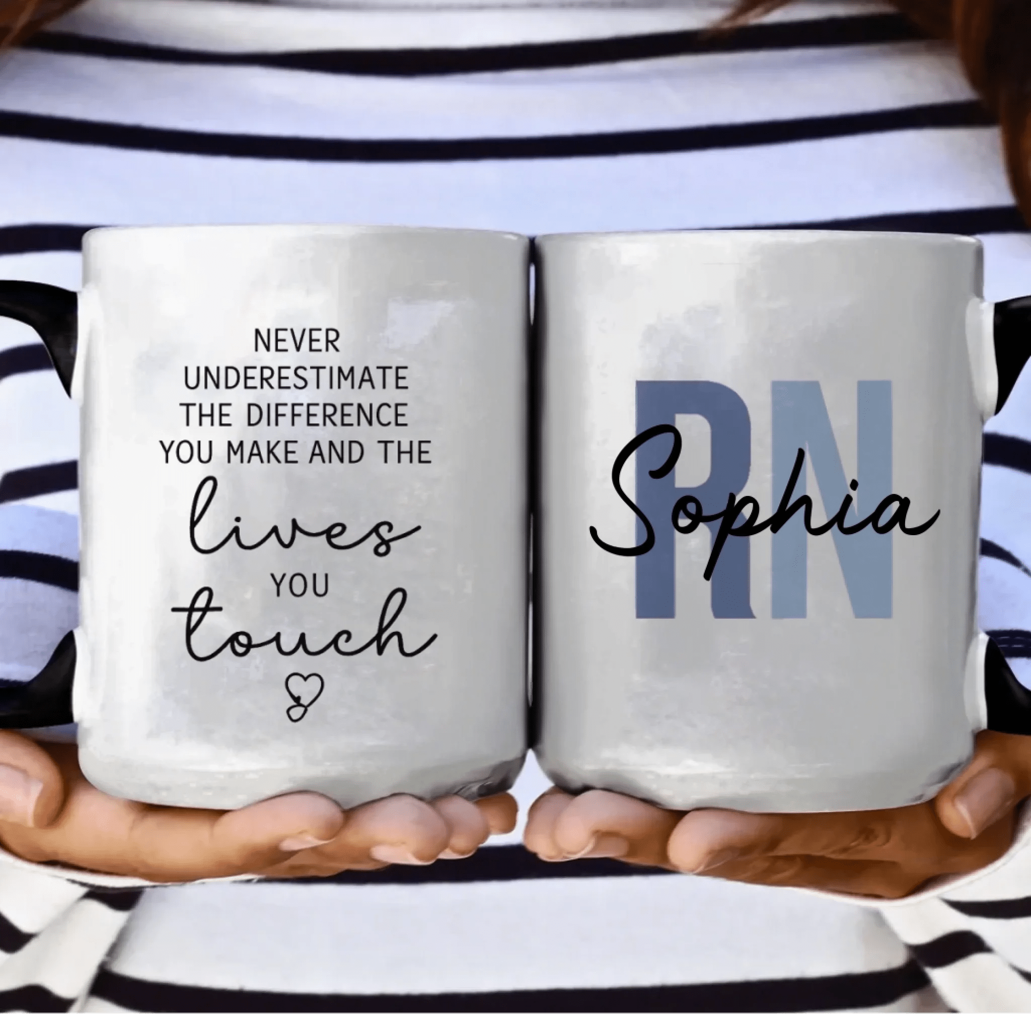 “Never Underestimate the Difference You Make” – Personalized RN Nurse Coffee Mug – Custom Name Minimalist Typography Design – Nurse Appreciation Gift, Thank You Gift for Nurse 1149210 - DiyGiftly