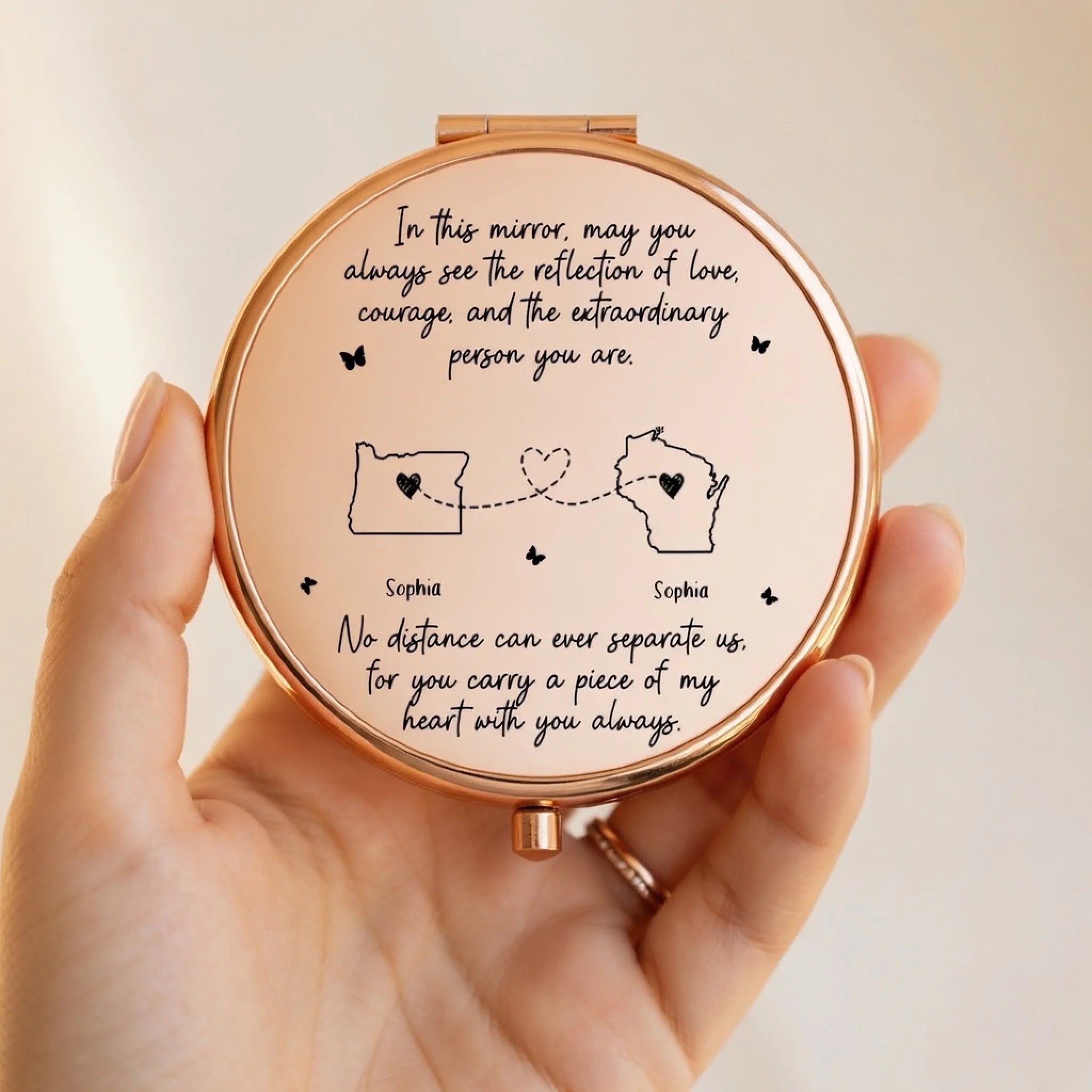 "No Distance Can Ever Separate Us" – Personalized Long Distance Relationship Compact Mirror – Custom Heart States Keepsake Gift for Best Friend / Sister / Daughter 1150370 - DiyGiftly