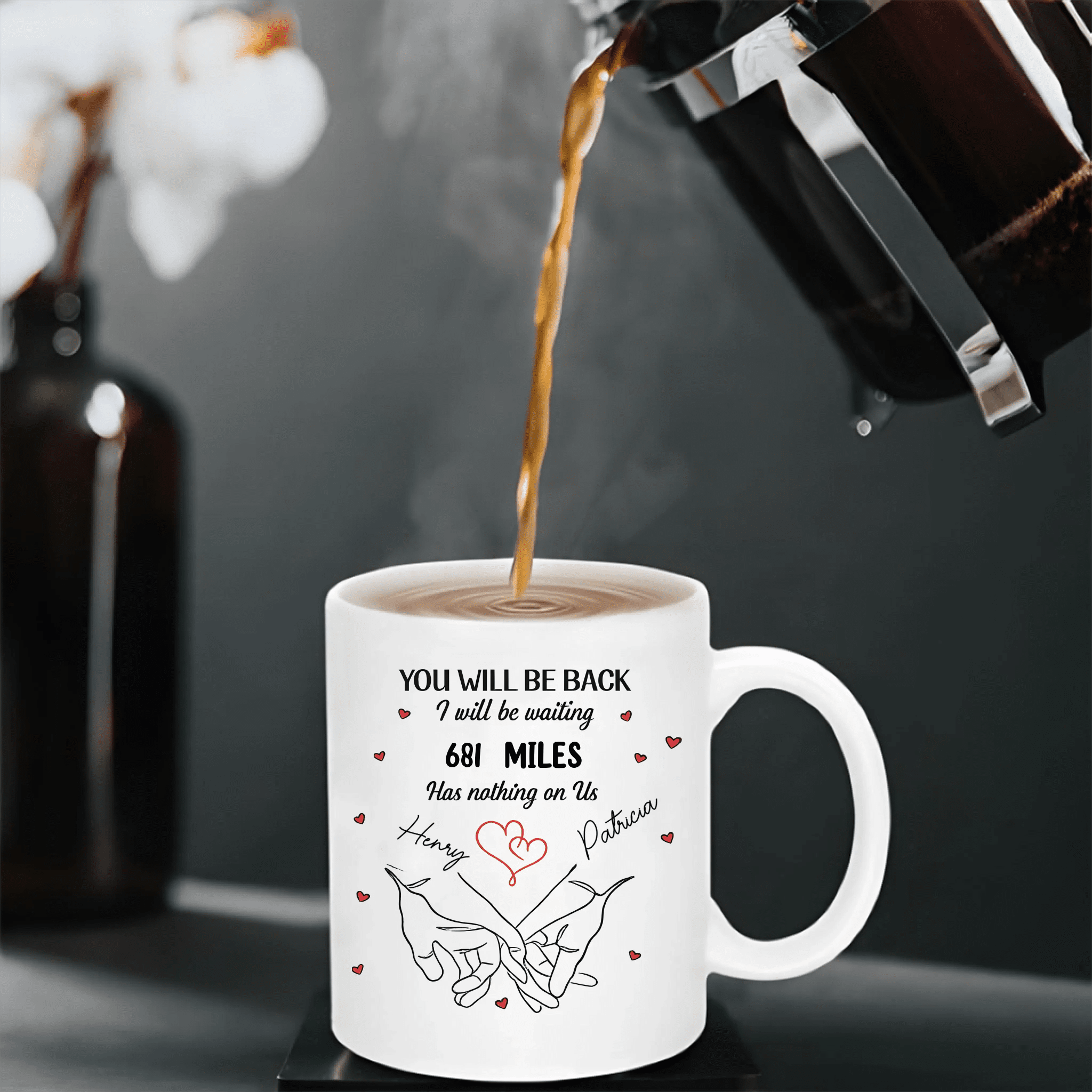 “No Distance Is Too Far For Us” Couple Mug – Personalized Name 3D Inflated Effect Printed Cup – Long Distance Relationship Anniversary Gift for Husband Wife 1136319 - DiyGiftly