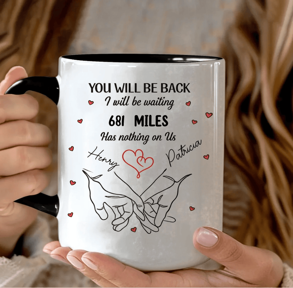 “No Distance Is Too Far For Us” Couple Mug – Personalized Name 3D Inflated Effect Printed Cup – Long Distance Relationship Anniversary Gift for Husband Wife 1136319 - DiyGiftly