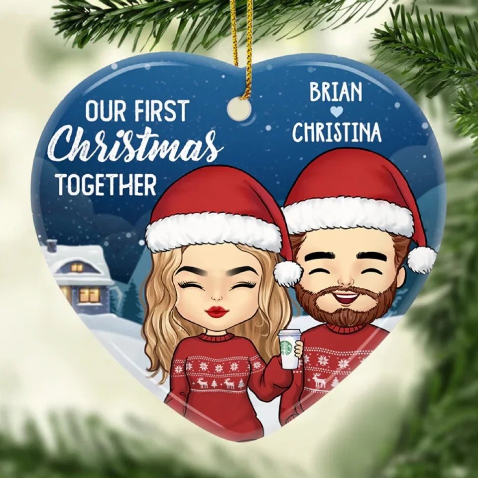 Our First Christmas Together - Personalized Custom Heart Shaped Ceramic Christmas Ornament - Gift For Couple, Husband Wife, Anniversary, Engagement, Wedding, Marriage Gift, Christmas Gift 671480 - DiyGiftly