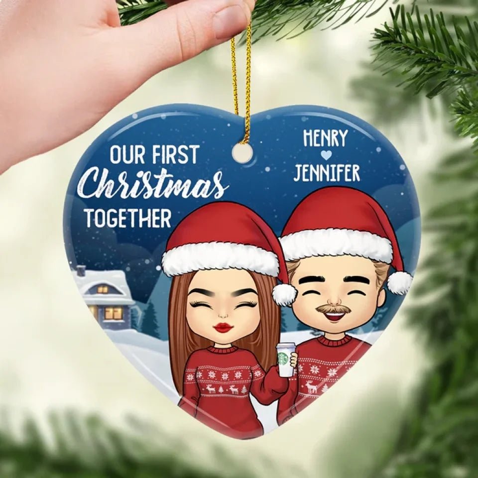 Our First Christmas Together - Personalized Custom Heart Shaped Ceramic Christmas Ornament - Gift For Couple, Husband Wife, Anniversary, Engagement, Wedding, Marriage Gift, Christmas Gift 671480 - DiyGiftly