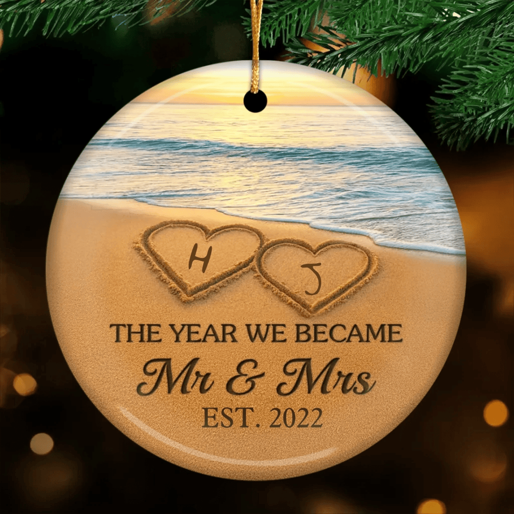 gifts for wife Our Happily Ever After Begins Here — Beach Sand Theme Ceramic Ornament · Personalized Photo/Name Customization