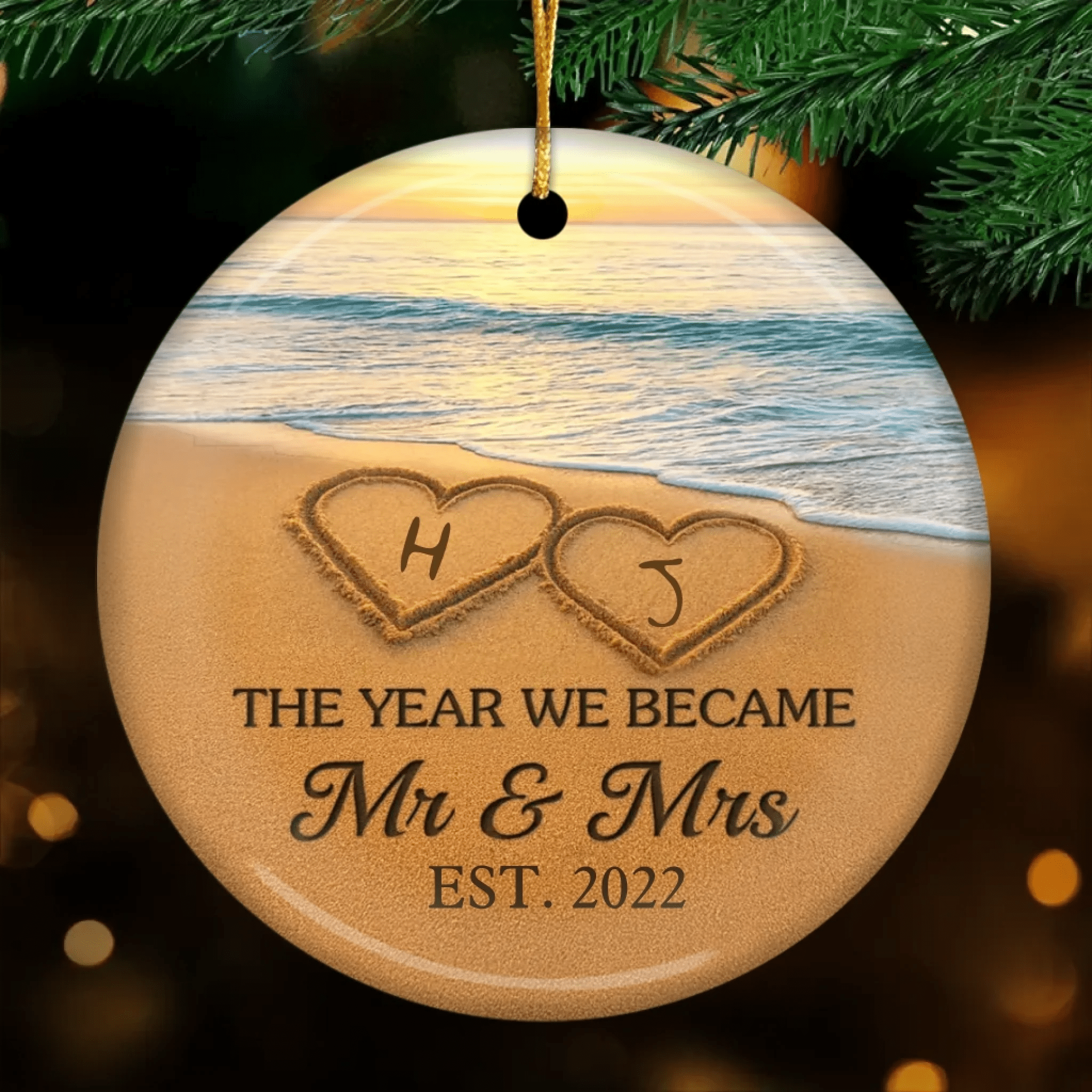 gifts for wife Our Happily Ever After Begins Here — Beach Sand Theme Ceramic Ornament · Personalized Photo/Name Customization