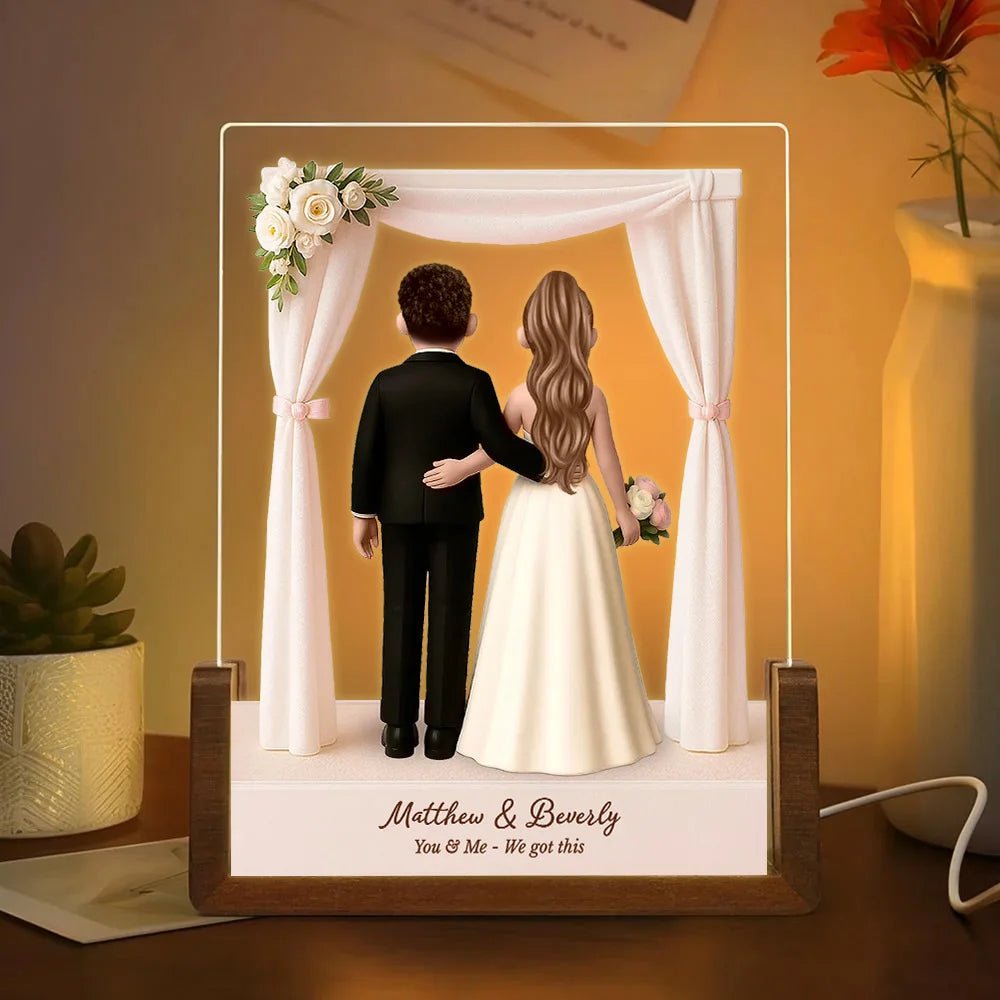 Personalised 3D Cartoon Bride and Groom LED Night Light with Name and Wooden Base Wedding Anniversary Gift for Couple Newlywed 03279360 - DiyGiftly