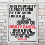 Personalised Metal Sign For Biker With Your Name - Protected By The Good Lord And Crazy Biker 724073 - 742463 - DiyGiftly