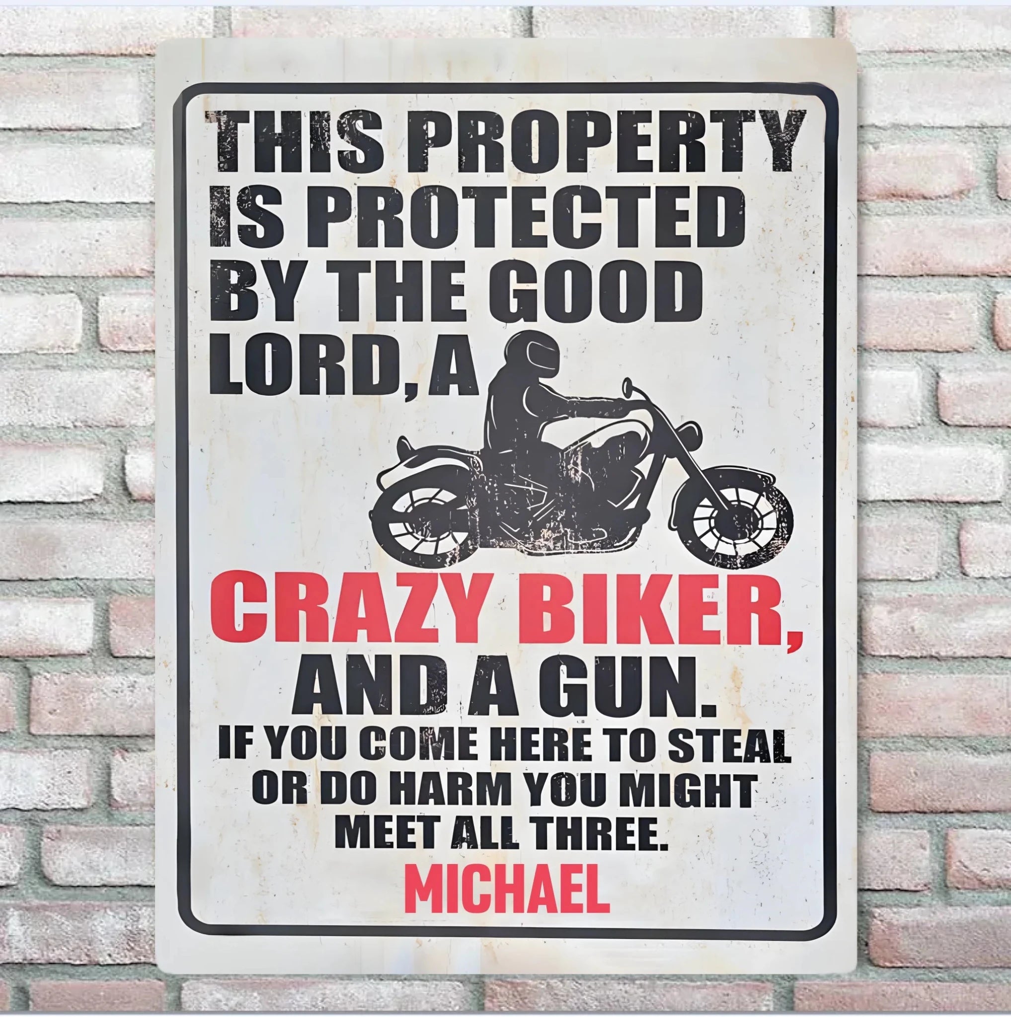 Personalised Metal Sign For Biker With Your Name - Protected By The Good Lord And Crazy Biker 724073 - 742463 - DiyGiftly