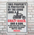 Personalised Metal Sign For Biker With Your Name - Protected By The Good Lord And Crazy Biker 724073 - 742463 - DiyGiftly