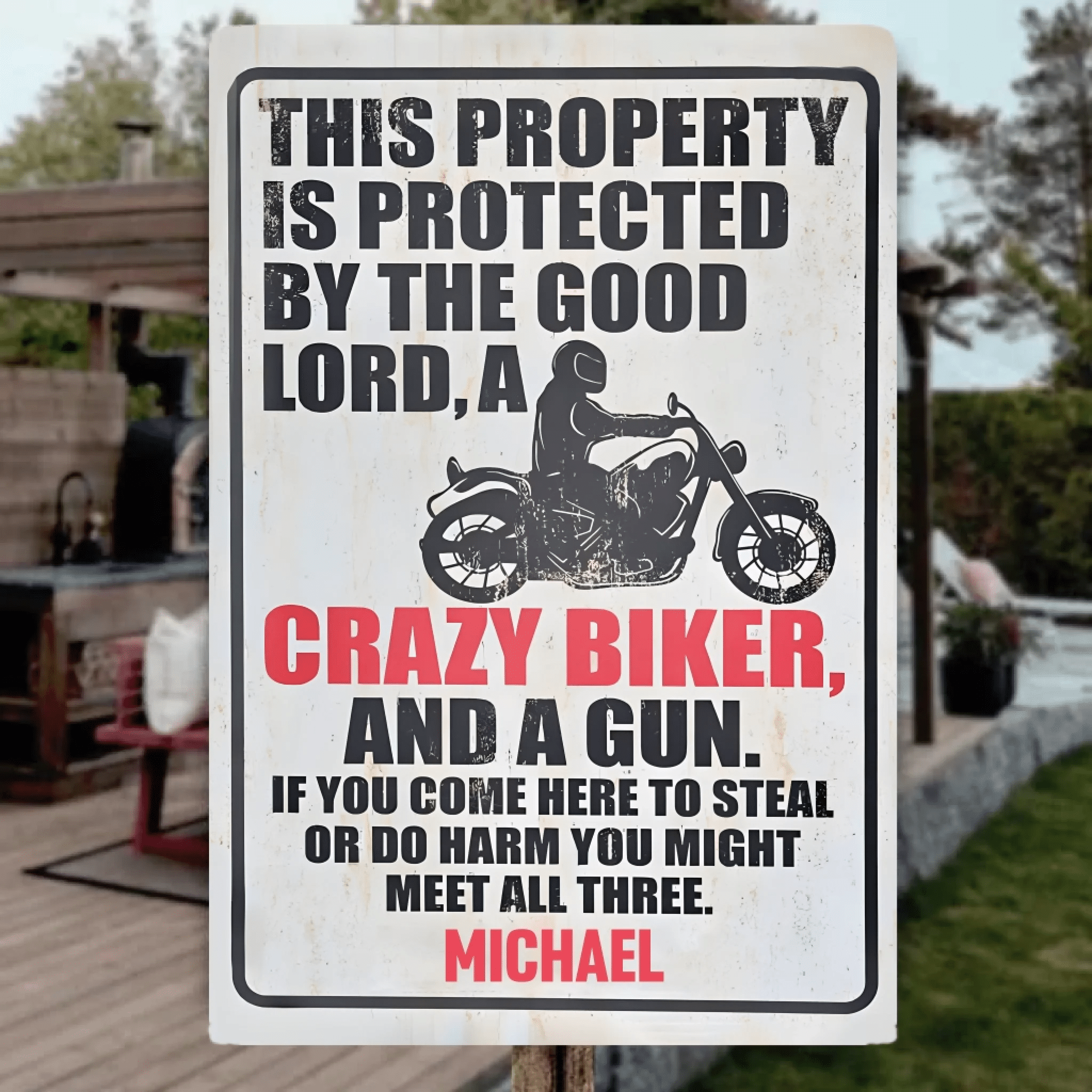 Personalised Metal Sign For Biker With Your Name - Protected By The Good Lord And Crazy Biker 724073 - 742463 - DiyGiftly