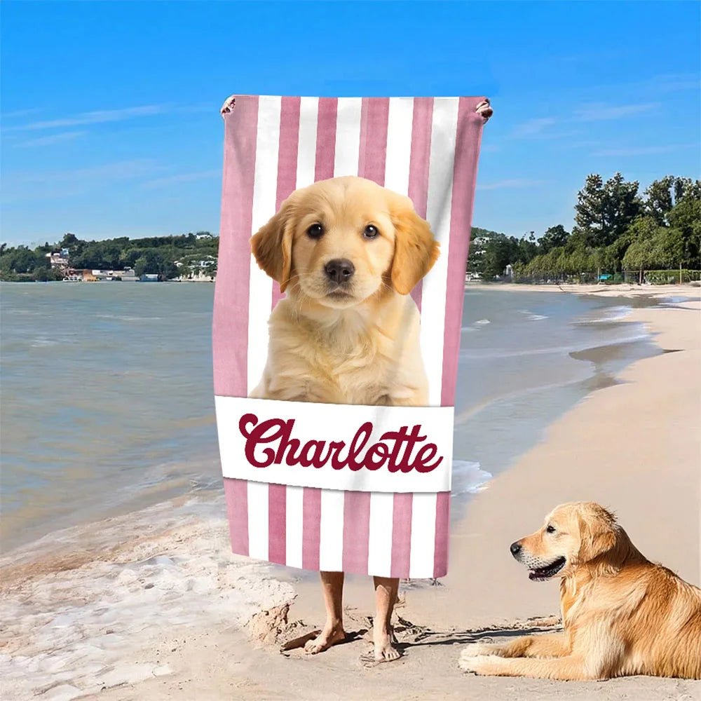 Personalized Pet Portrait Stripe Beach Towel Custom Name Quick Dry Oversized for Travel