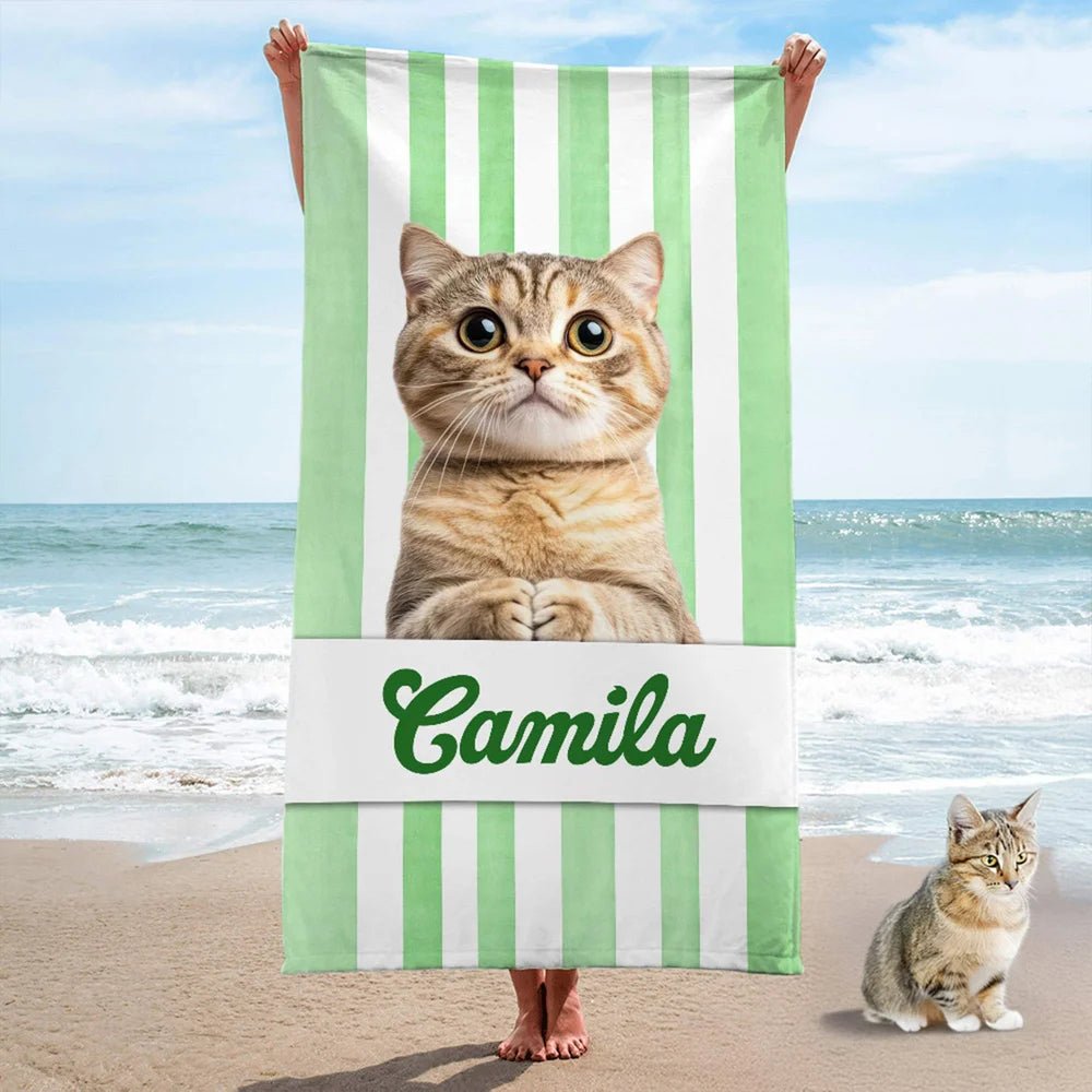 Stripe Beach Towel Personalized Pet Portrait Pool and Summer Vacation