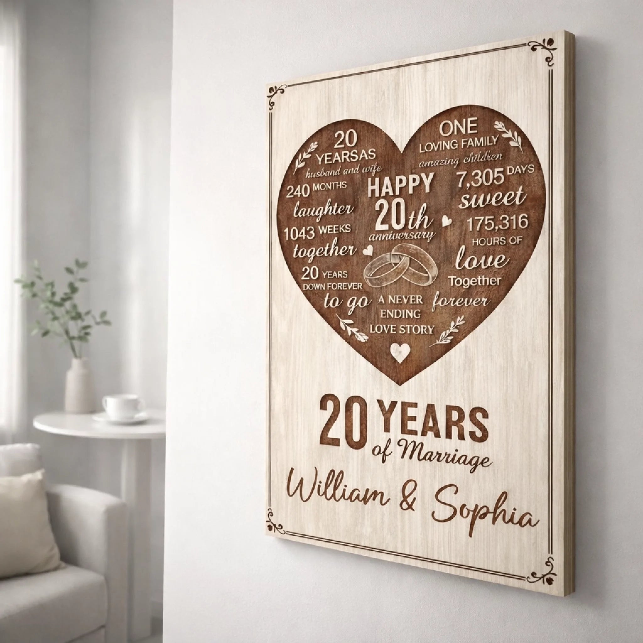 Personalized 20th Anniversary Wooden Wall Art Custom Couple Name Canvas - 20 Years of Marriage Gift for Husband Wife 118474 - DiyGiftly