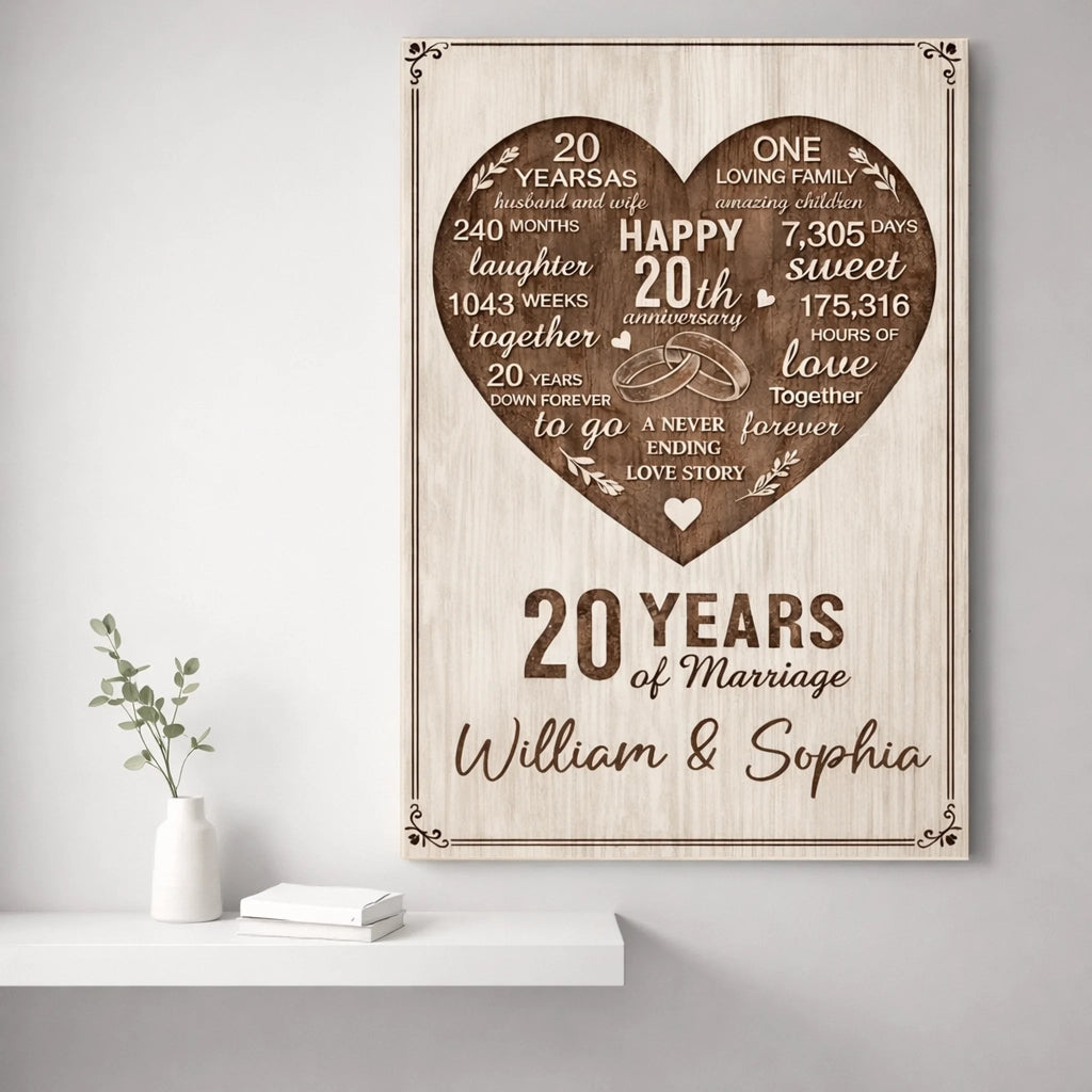 Personalized 20th Anniversary Wooden Wall Art Custom Couple Name Canvas - 20 Years of Marriage Gift for Husband Wife 118474 - DiyGiftly
