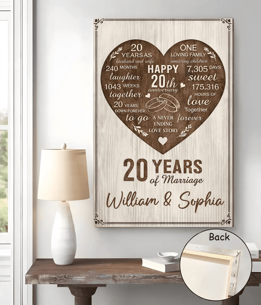 Personalized 20th Anniversary Wooden Wall Art Custom Couple Name Canvas - 20 Years of Marriage Gift for Husband Wife 118474 - DiyGiftly