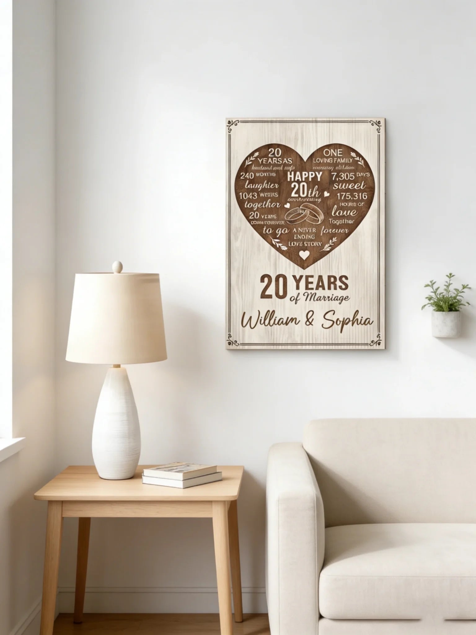 Personalized 20th Anniversary Wooden Wall Art Custom Couple Name Canvas - 20 Years of Marriage Gift for Husband Wife 118474 - DiyGiftly