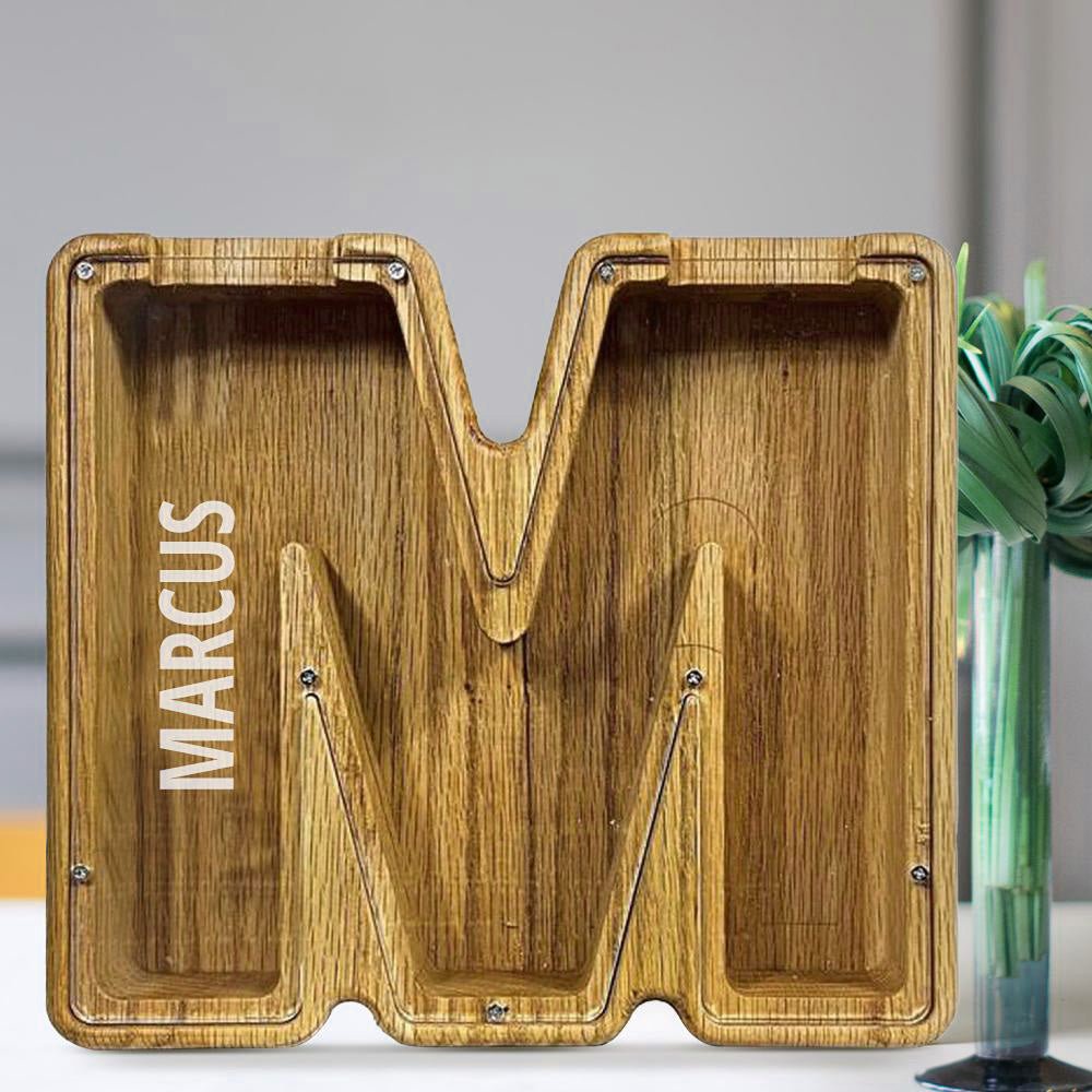 Personalized 26 Letters Piggy Bank Custom Name Wooden Money Box - Tung Wood - DiyGiftly
