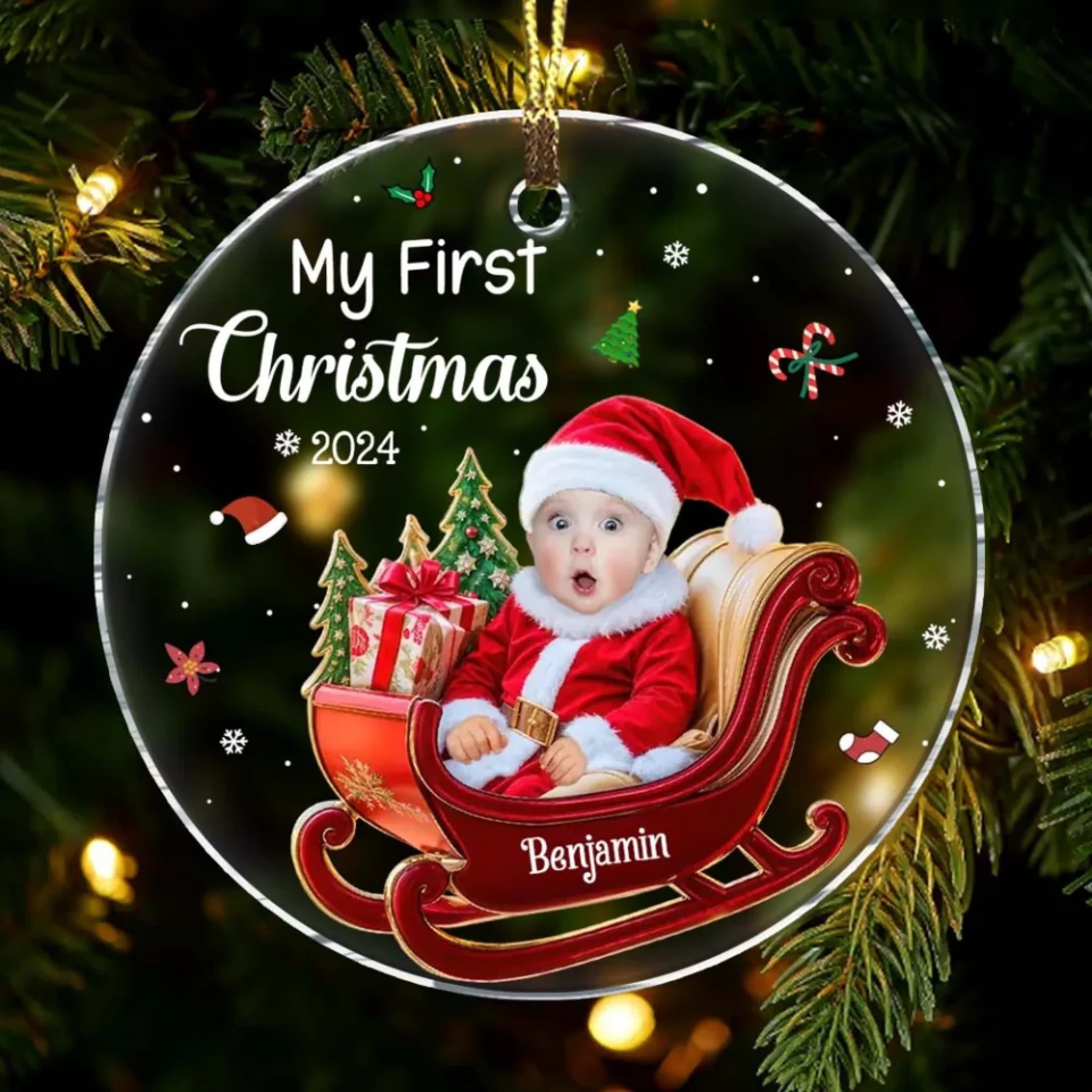 Personalized Baby 1st Christmas Custom Photo Adorable Little Santa Acrylic Circle Ornament 692123 - DiyGiftly