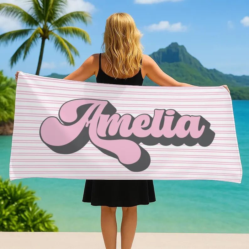 Personalized Beach Towel, Striped Custom Retro Beach Towel, Family Vacation, Birthday Girls Trip Gift, Bridesmaid Towel, Kids Beach Towel 88809216 - DiyGiftly