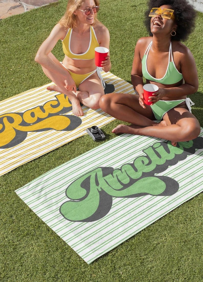Personalized Beach Towel, Striped Custom Retro Beach Towel, Family Vacation, Birthday Girls Trip Gift, Bridesmaid Towel, Kids Beach Towel 88809216 - DiyGiftly