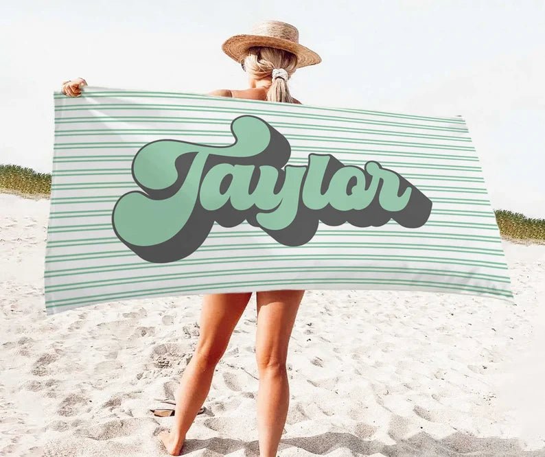 Personalized Beach Towel, Striped Custom Retro Beach Towel, Family Vacation, Birthday Girls Trip Gift, Bridesmaid Towel, Kids Beach Towel 88809216 - DiyGiftly