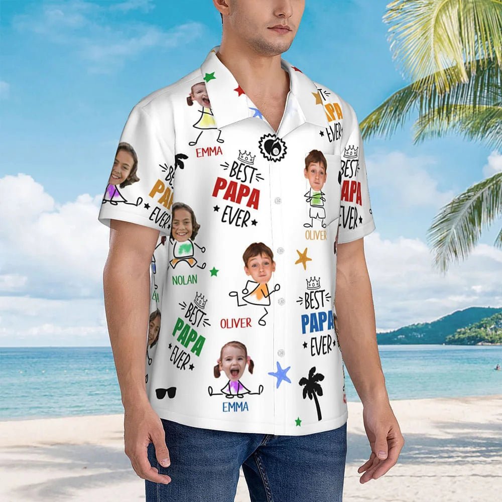 Personalized Best Papa Ever Hawaiian Shirt with Funny Face Photo & Colorful Names | Custom 100% Cotton Summer Birthday Gift for Dad Grandpa 40042240 - DiyGiftly