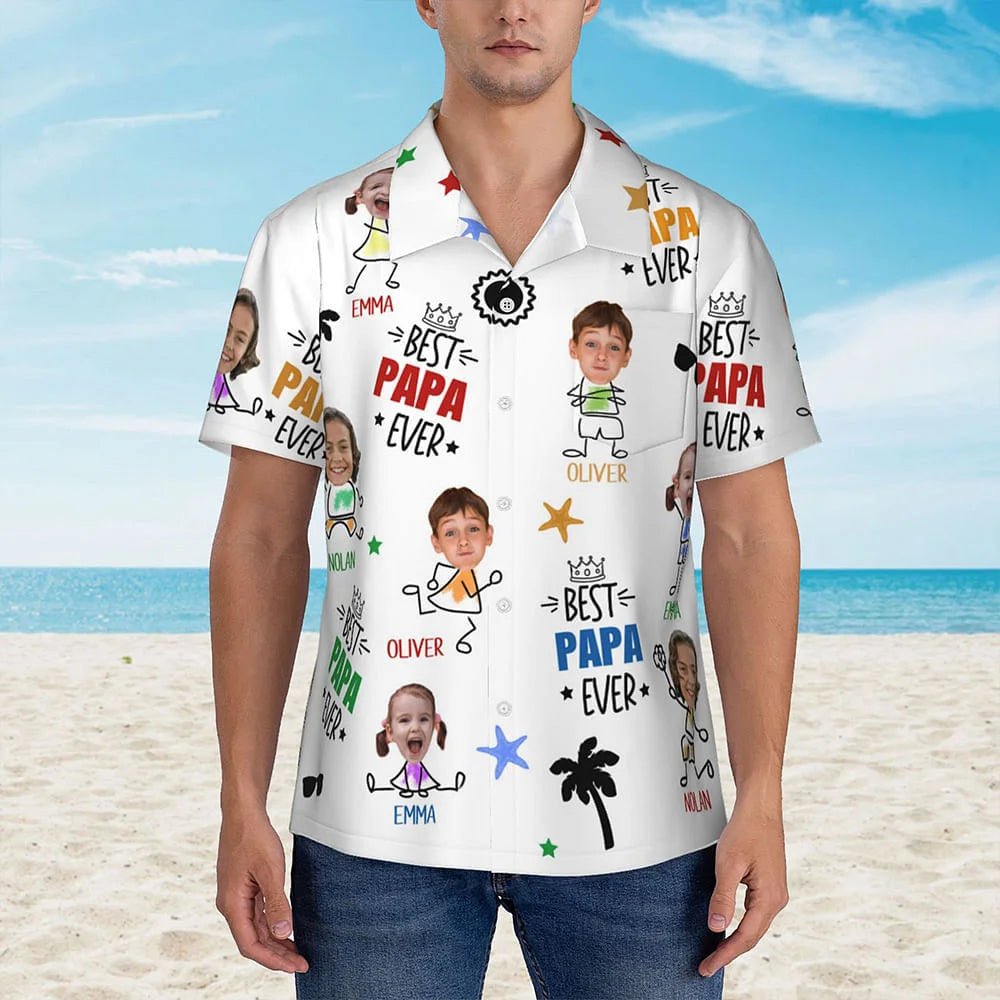 Personalized Best Papa Ever Hawaiian Shirt with Funny Face Photo & Colorful Names | Custom 100% Cotton Summer Birthday Gift for Dad Grandpa 40042240 - DiyGiftly