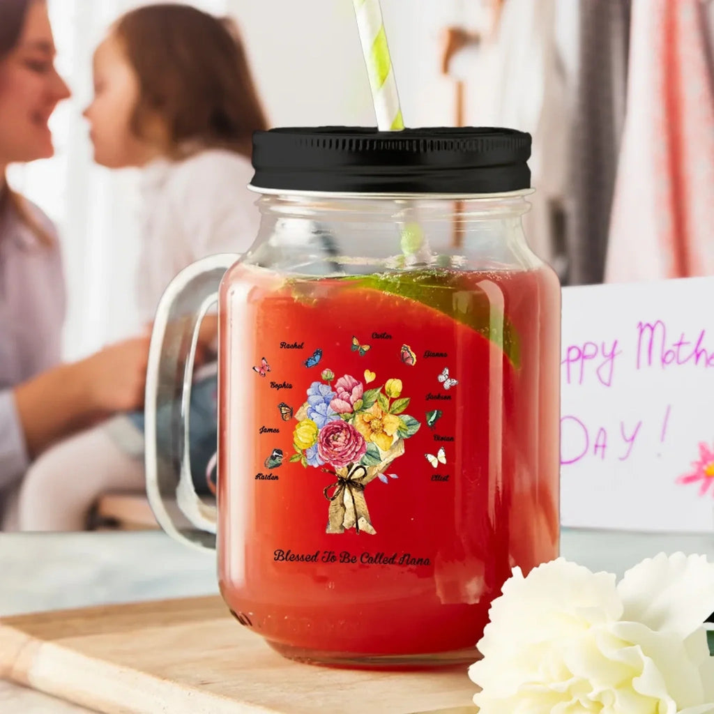 Personalized Birth Butterfly Carnation Bouquet Mason Jar with Handle Lid and Straw Mother's Day Birthday Gift for Mom Grandma 1029545 - DiyGiftly
