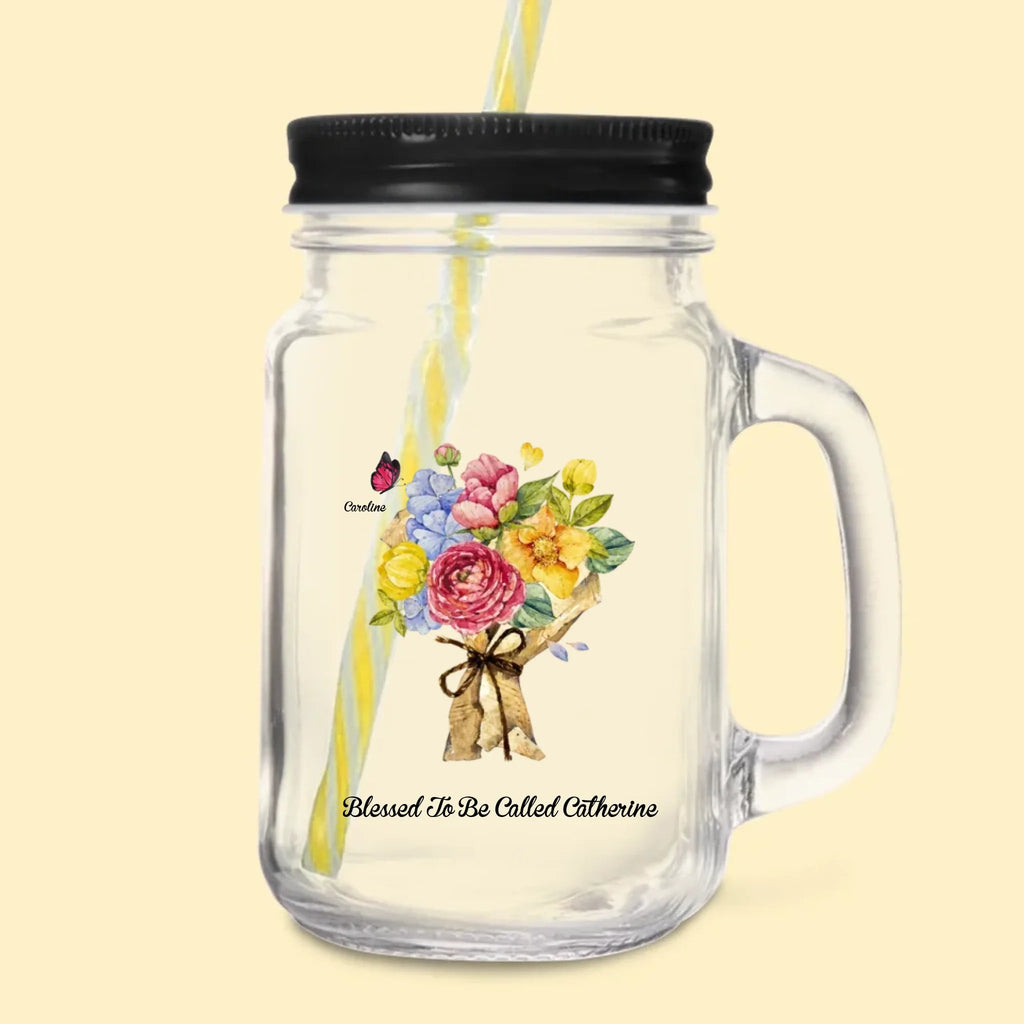 Personalized Birth Butterfly Carnation Bouquet Mason Jar with Handle Lid and Straw Mother's Day Birthday Gift for Mom Grandma 1029545 - DiyGiftly